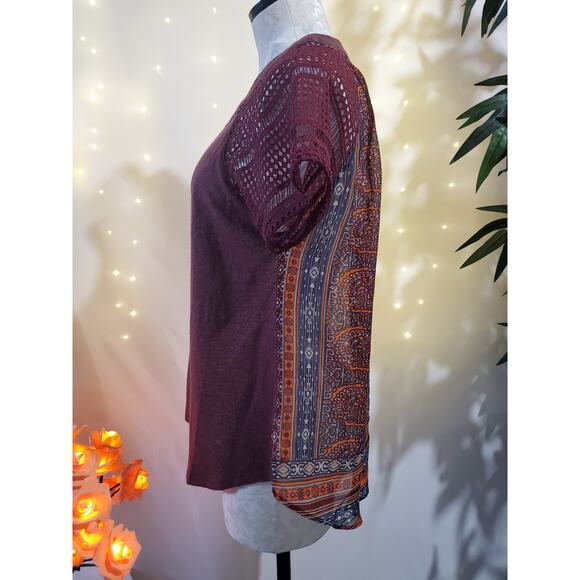 Miss Me Lace Short Sleeve Keyhole Back Tie Boho Semi Sheer Top Womens M Wine - Picture 4 of 8